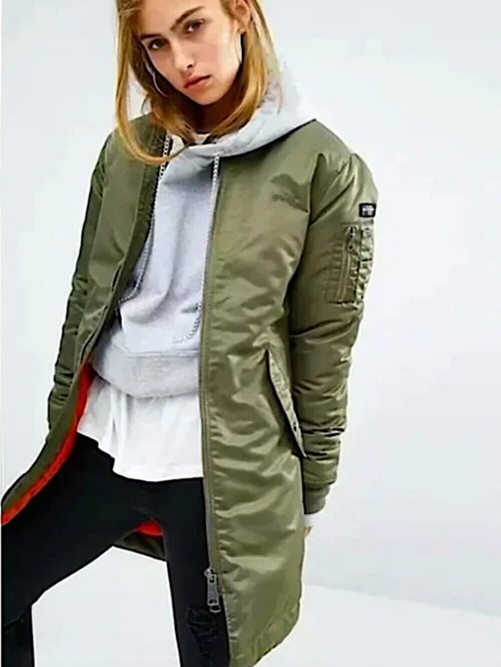 ALPHA INDUSTRIES MA-1 Longline Bomber Flight Jacket Sz S Green Military Utility